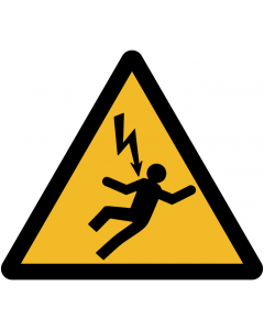 Panneau de sécurité danger électrique - Triangle jaune avec éclair noir électrocutant une personne tombant en arrière.
