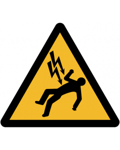 Pictogramme Panneau risques électriques - Triangle jaune avec éclair noir électrocutant une personne tombant en arrière pour signaler les zones à risque d'électrocution

