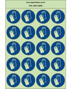 Autocollants photoluminescents Protection obligatoire des mains-gants de protection 20Ph
