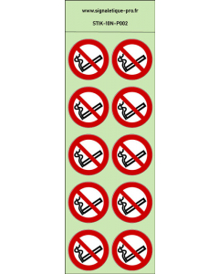 Autocollants photoluminescents Interdiction de fumer - P002 norme iso 7010 – par Lot de 10