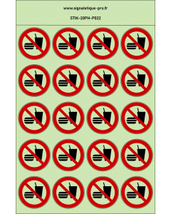 Autocollants photoluminescents Interdiction de manger ou de boire 20Ph