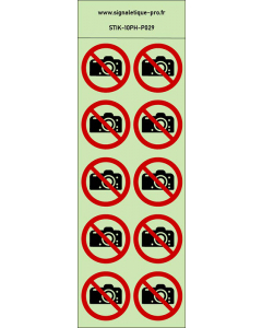 Autocollants photoluminescents Interdiction de photographier  10Ph