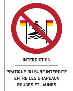 Panneau Pratique du surf interdite entre les drapeaux rouges et jaunes