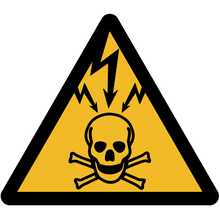 Pictogramme danger de mort électricité - Triangle jaune 3 éclairs tête de  mort
