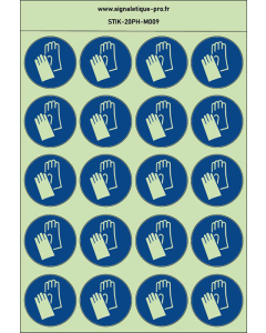 Autocollants photoluminescents Protection obligatoire des mains-gants de protection 20Ph