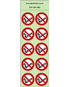 Autocollants photoluminescents Interdiction de fumer - P002 norme iso 7010 – par Lot de 10