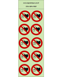 Autocollants photoluminescents Interdit aux personnes porteuses d’un stimulateur cardiaque 10Ph