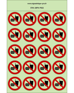 Autocollants photoluminescents Interdiction de manger ou de boire 20Ph