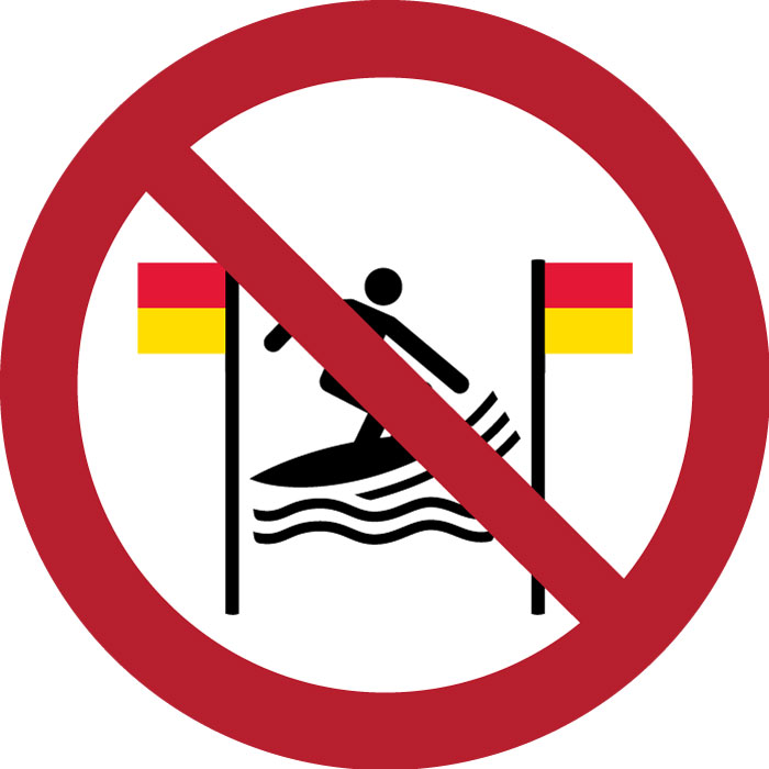 Pictogramme Pratique du surf interdite entre les drapeaux rouges et jaunes