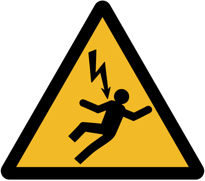 Panneau de sécurité danger électrique - Triangle jaune avec éclair noir électrocutant une personne tombant en arrière.
