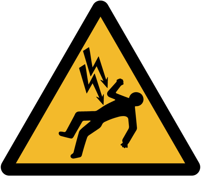 Pictogramme Panneau risques électriques - Triangle jaune avec éclair noir électrocutant une personne tombant en arrière pour signaler les zones à risque d'électrocution
