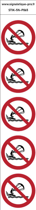 Autocollants  Pratique du kitesurf interdite - P065 norme iso 7010 – par Lot de 5